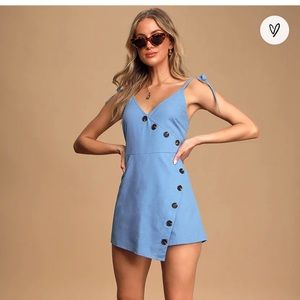 Lulu’s Blue Tie-Strap Button Front Asymmetrical Romper
